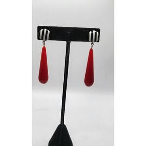 Vintage Red Drop Earrings Black White Stripe 1.75 In